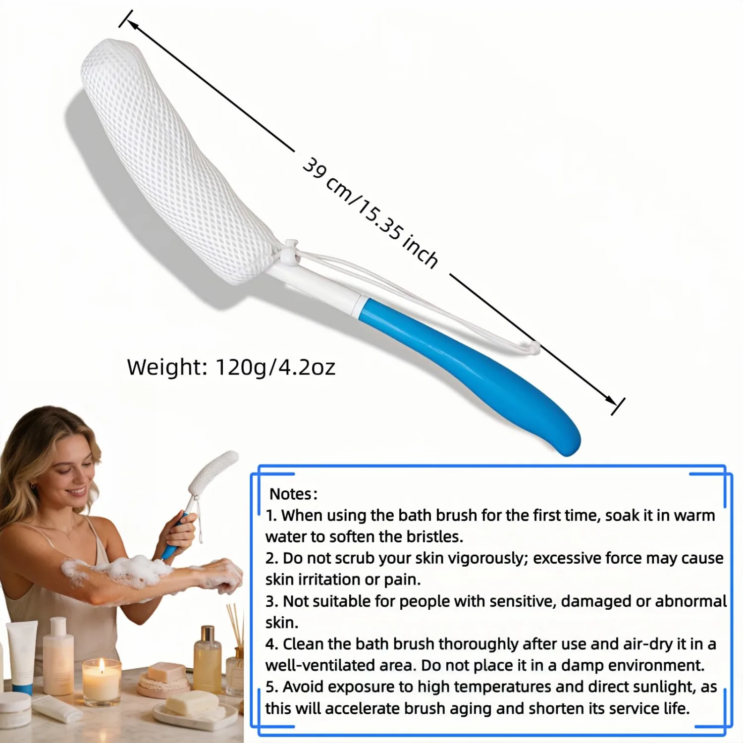 Long Handle Bath Brush for Elderly, Shower Scrubber for Back Exfoliation, Non-Slip Grip for Seniors & Pregnant Women, 15.35 Inch Body Scrubber for Effortless Independence, Blue