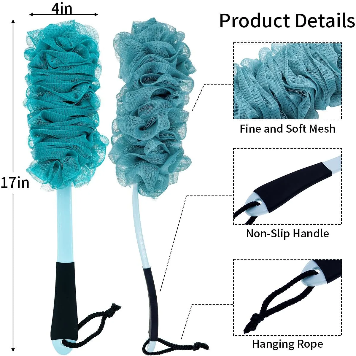 2 Pack Back Scrubber for Shower, Long Handle Scrub Brush, Exfoliating Loofah Sponge Body Brush for Back Use, Loofah On a Stick for Back Cleaning, Bathing Accessories Body Brushes (Blue and Pink)