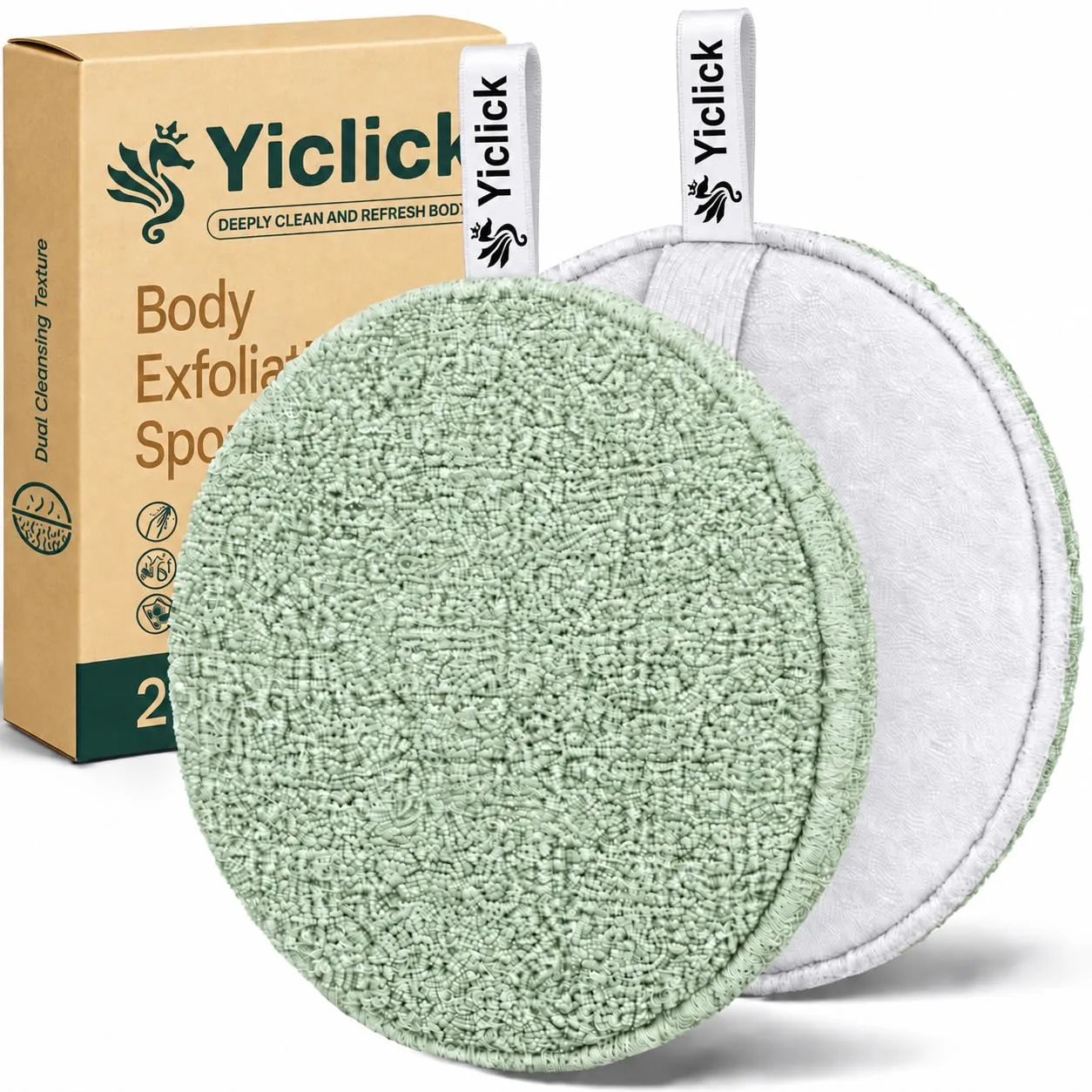 Exfoliating Body Scrubber, 2 Pack Shower Loofah Sponge with Handle, Dual-Sided Body Scrub Pad for Bathing, Rich Lather Bath Sponge for Men and Women