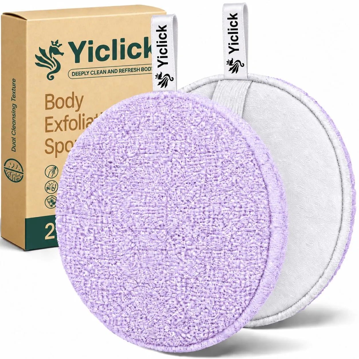 Exfoliating Body Scrubber, 2 Pack Shower Loofah Sponge with Handle, Dual-Sided Body Scrub Pad for Bathing, Rich Lather Bath Sponge for Men and Women