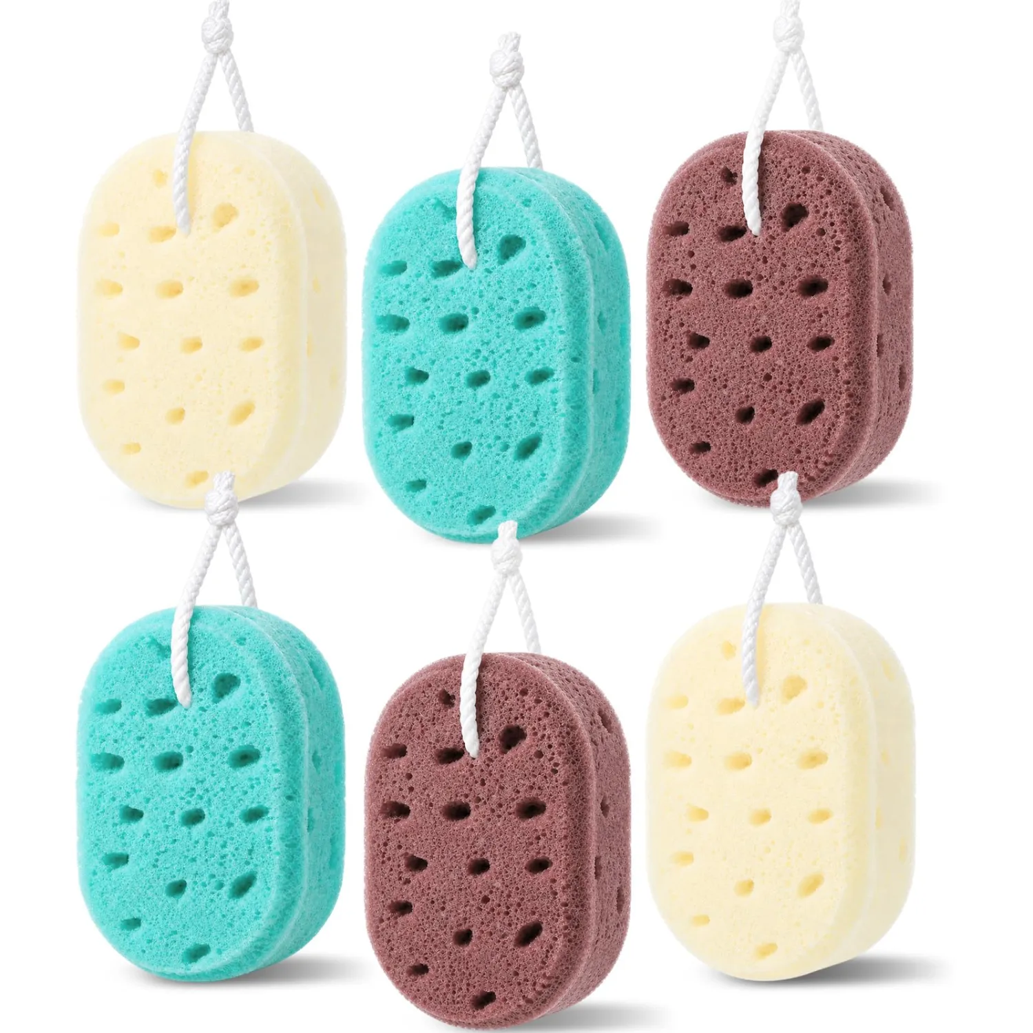 FoldTier 6 Pcs Exfoliating Bath Sponge Body Loofah Sponges for Shower Women Reusable Soft Bathing Pouf Foam Lufa Body Scrubber and Rich Lather, Color Matching (Coffee Brown,Cyan,Beige)
