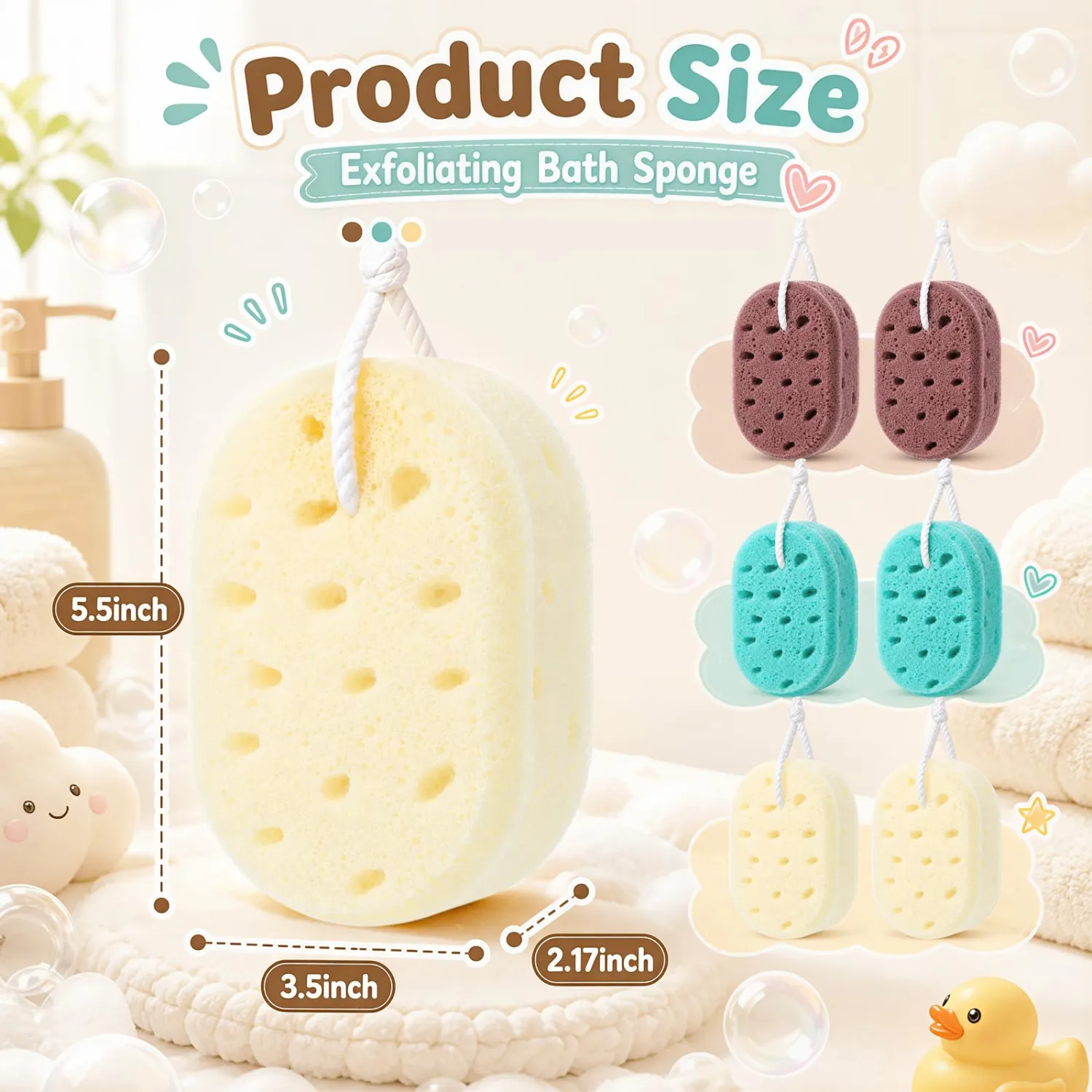 FoldTier 6 Pcs Exfoliating Bath Sponge Body Loofah Sponges for Shower Women Reusable Soft Bathing Pouf Foam Lufa Body Scrubber and Rich Lather, Color Matching (Coffee Brown,Cyan,Beige)