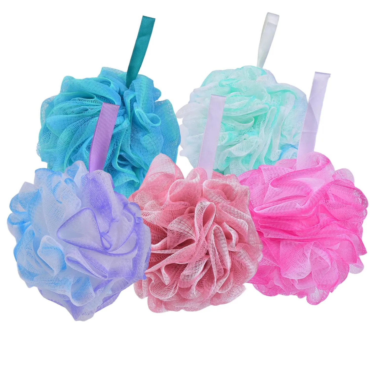5 Pack Shower Loofahs Bath Sponge, 60g Soft Mesh Poufs in 5 Colors