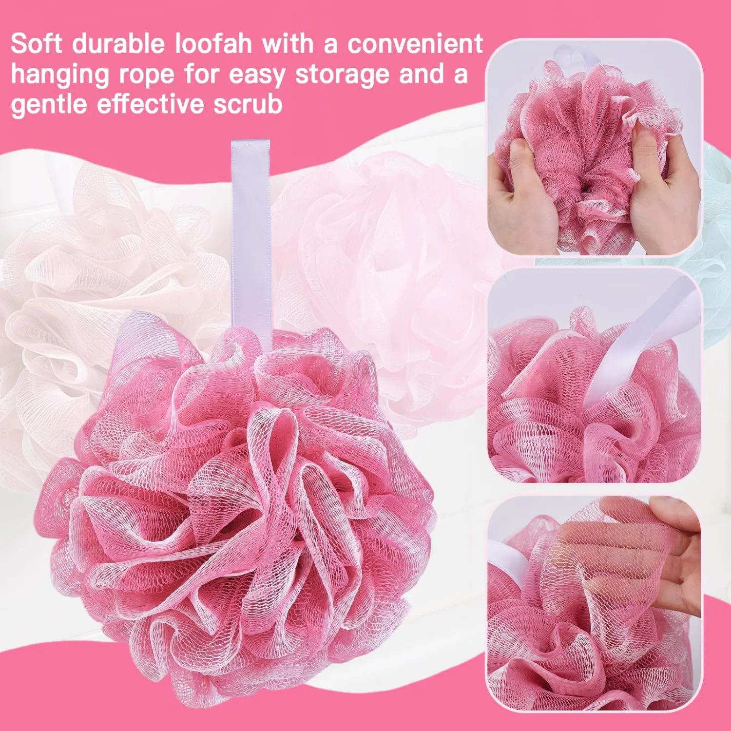 5 Pack Shower Loofahs Bath Sponge, 60g Soft Mesh Poufs in 5 Colors