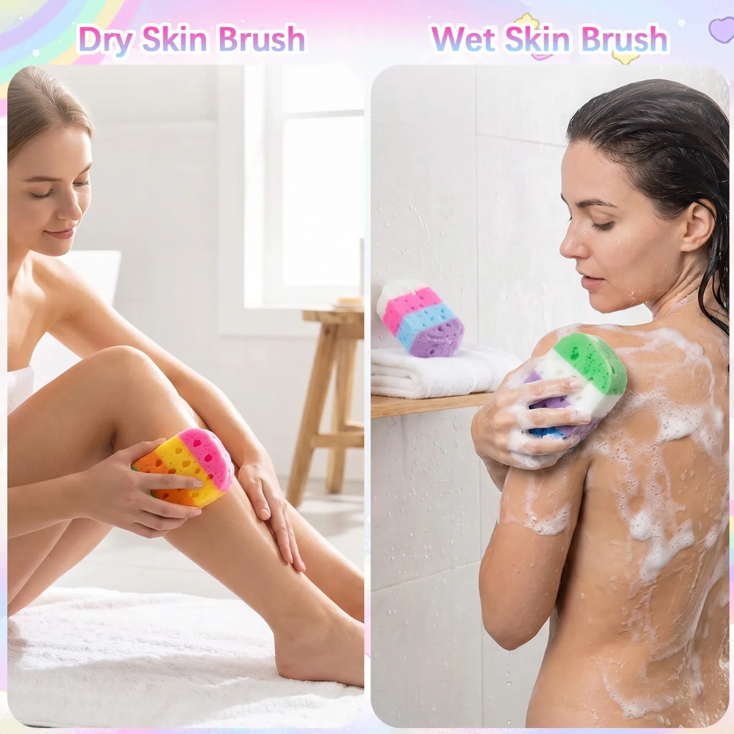3PCS Bath Sponges for Shower Soft Body Loofah Sponges Exfoliating with Hanging Loop Loofah Sponge Bathing Pouf Foam Lufa Body Scrubber Remover Dead Skin for All Skin Types for Men Women