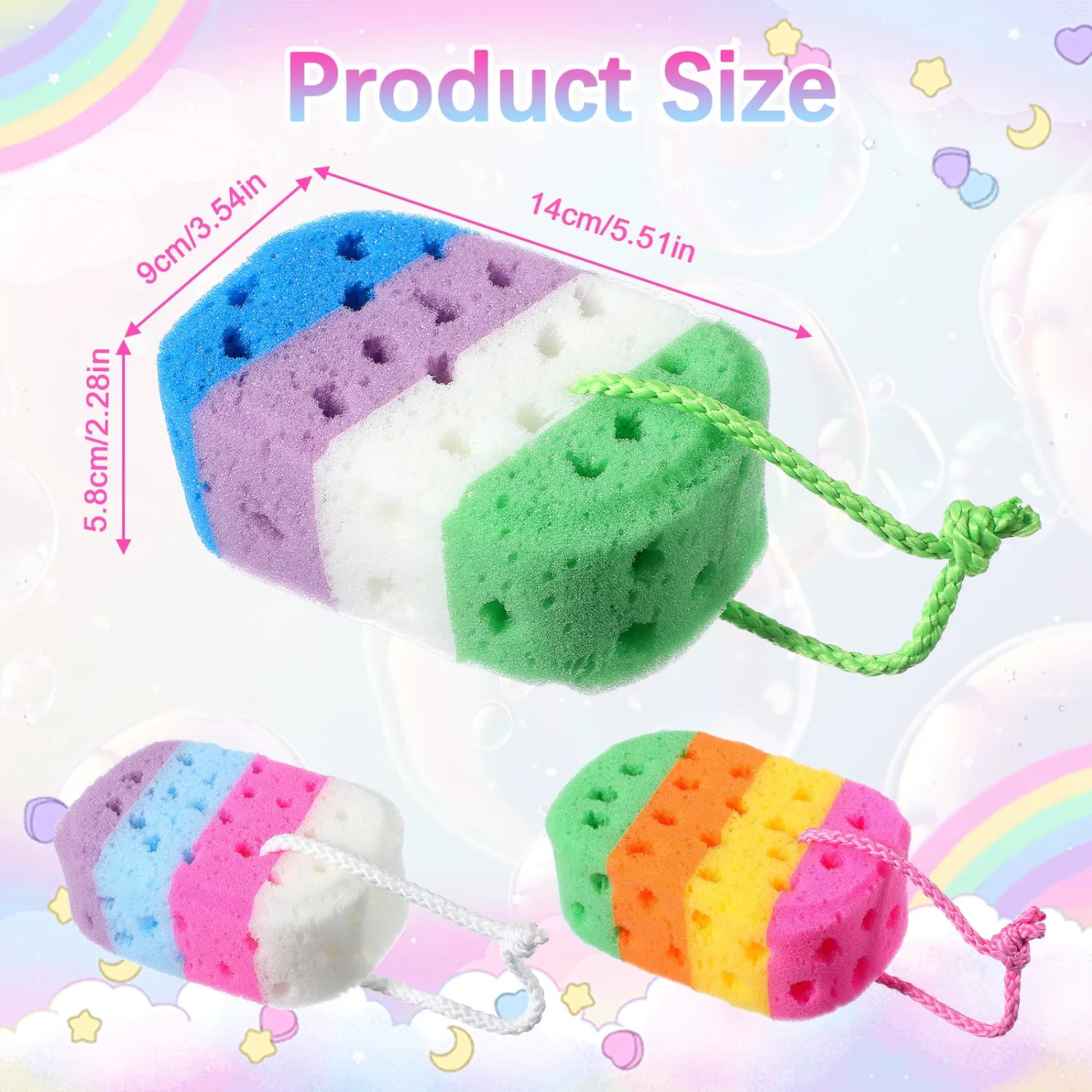 3PCS Bath Sponges for Shower Soft Body Loofah Sponges Exfoliating with Hanging Loop Loofah Sponge Bathing Pouf Foam Lufa Body Scrubber Remover Dead Skin for All Skin Types for Men Women