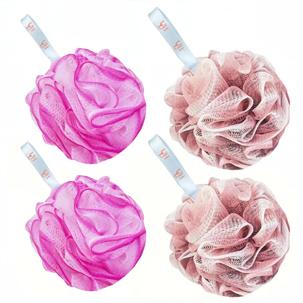 Urban Living Hub Bath Loofah Sponge 4 Pack, Exfoliating Shower Pouf for Women & Men, Soft Mesh Body Scrubber for Deep Cleansing, Rich Lather, Dead Skin Removal, Pink, 60g Each