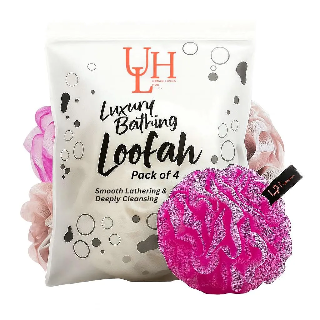 Urban Living Hub Bath Loofah Sponge 4 Pack, Exfoliating Shower Pouf for Women & Men, Soft Mesh Body Scrubber for Deep Cleansing, Rich Lather, Dead Skin Removal, Pink, 60g Each