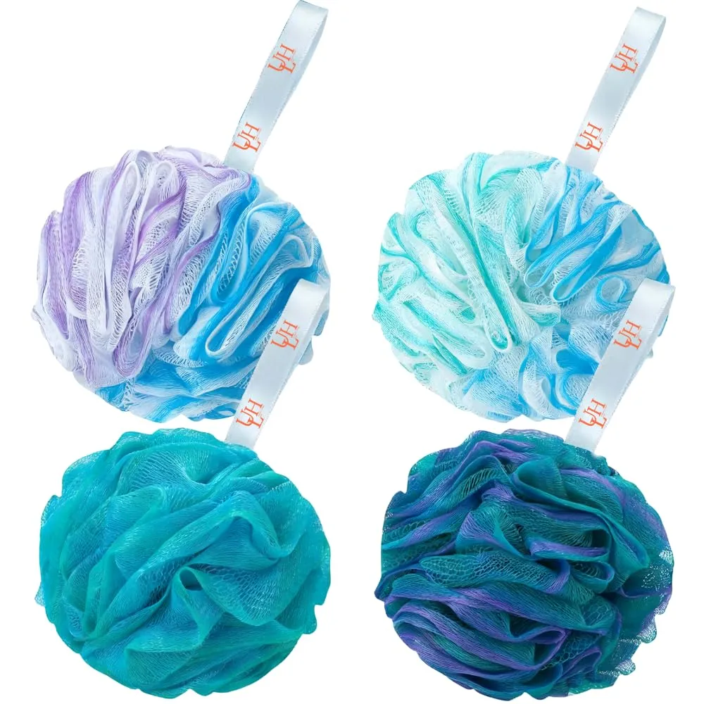 Urban Living Hub Bath Loofah 4 Pack, Exfoliating Shower Pouf for Women & Men, Soft Mesh Body Scrubber, Deep Cleansing, Rich Lather, Dead Skin Removal, Green Blue, 60g Each