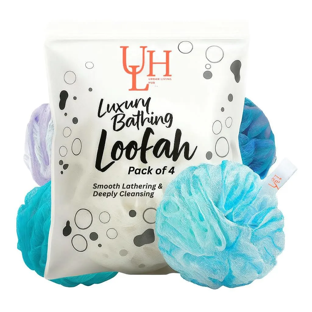 Urban Living Hub Bath Loofah 4 Pack, Exfoliating Shower Pouf for Women & Men, Soft Mesh Body Scrubber, Deep Cleansing, Rich Lather, Dead Skin Removal, Green Blue, 60g Each