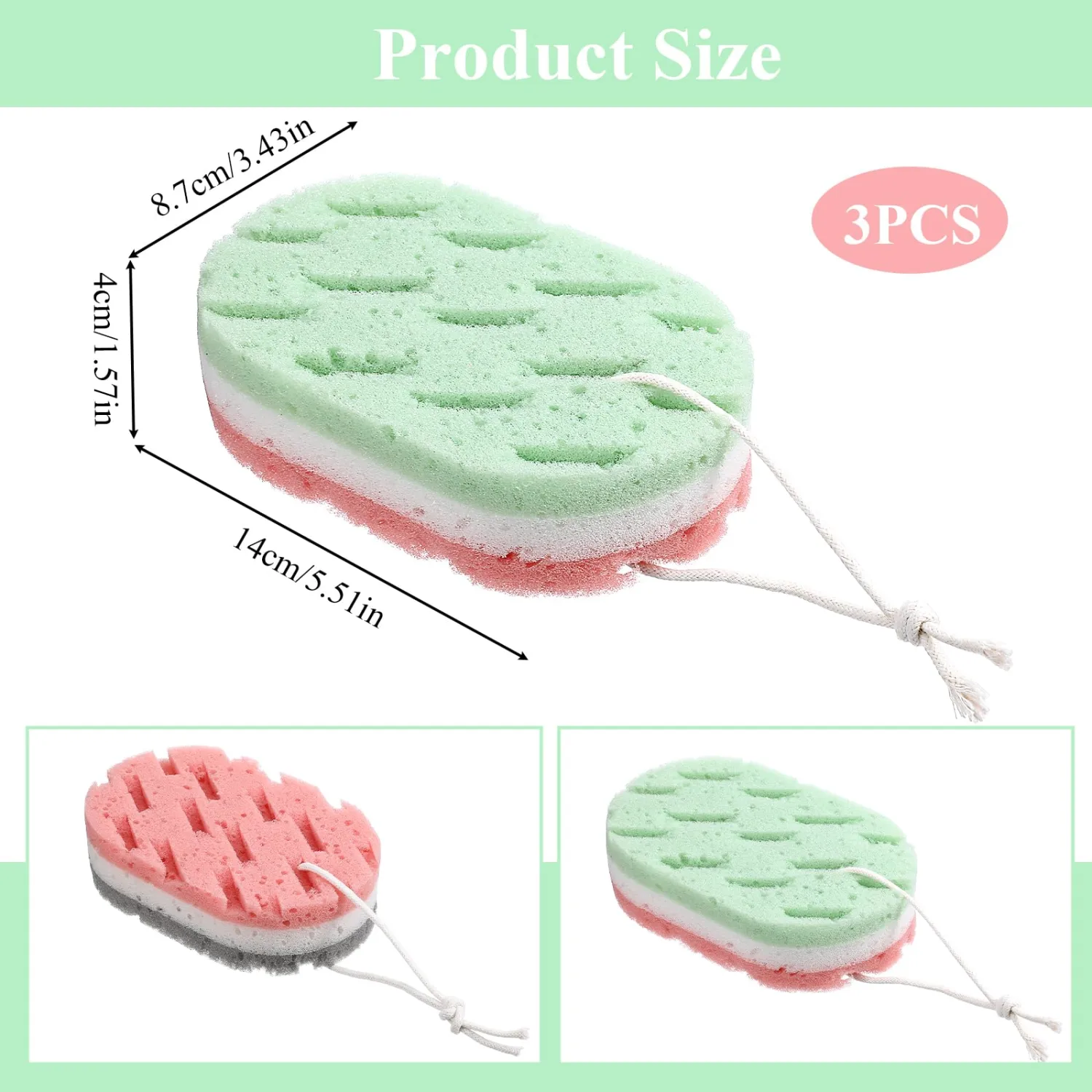3-Piece 3-Layer Bath Sponges, Soft PU Foam Exfoliating Sponges