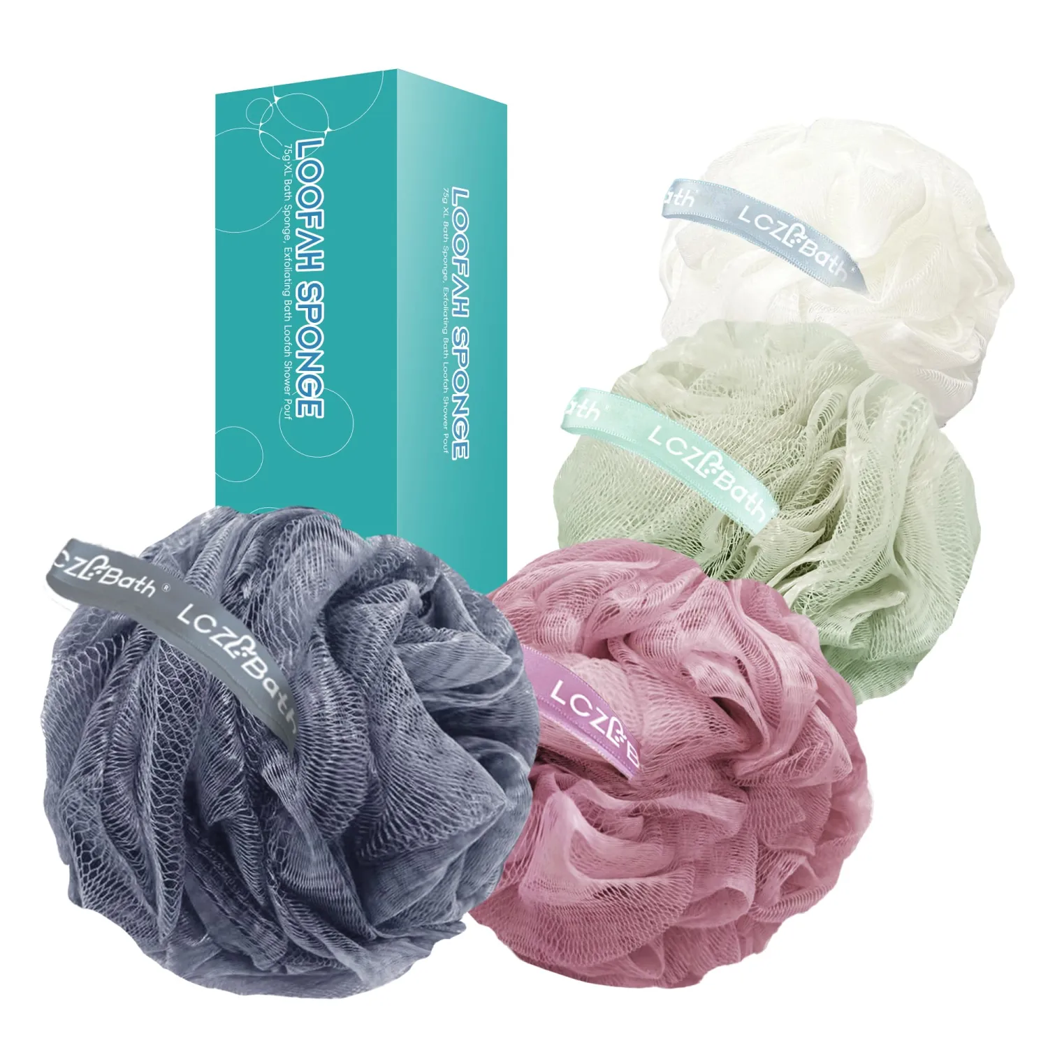 Loofah 4 Pack 75g Extra Large Loofa Set Soft Bath Sponge Thick Body Wash Puffs for Shower (Pink-White-Blue-Green)