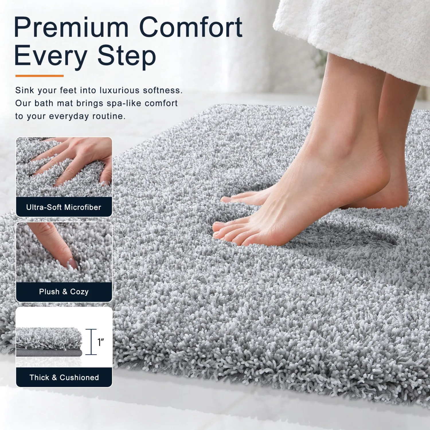 OLANLY Microfiber Bathroom Rugs 24x16, Quick Dry Bath Mat, Grey and White