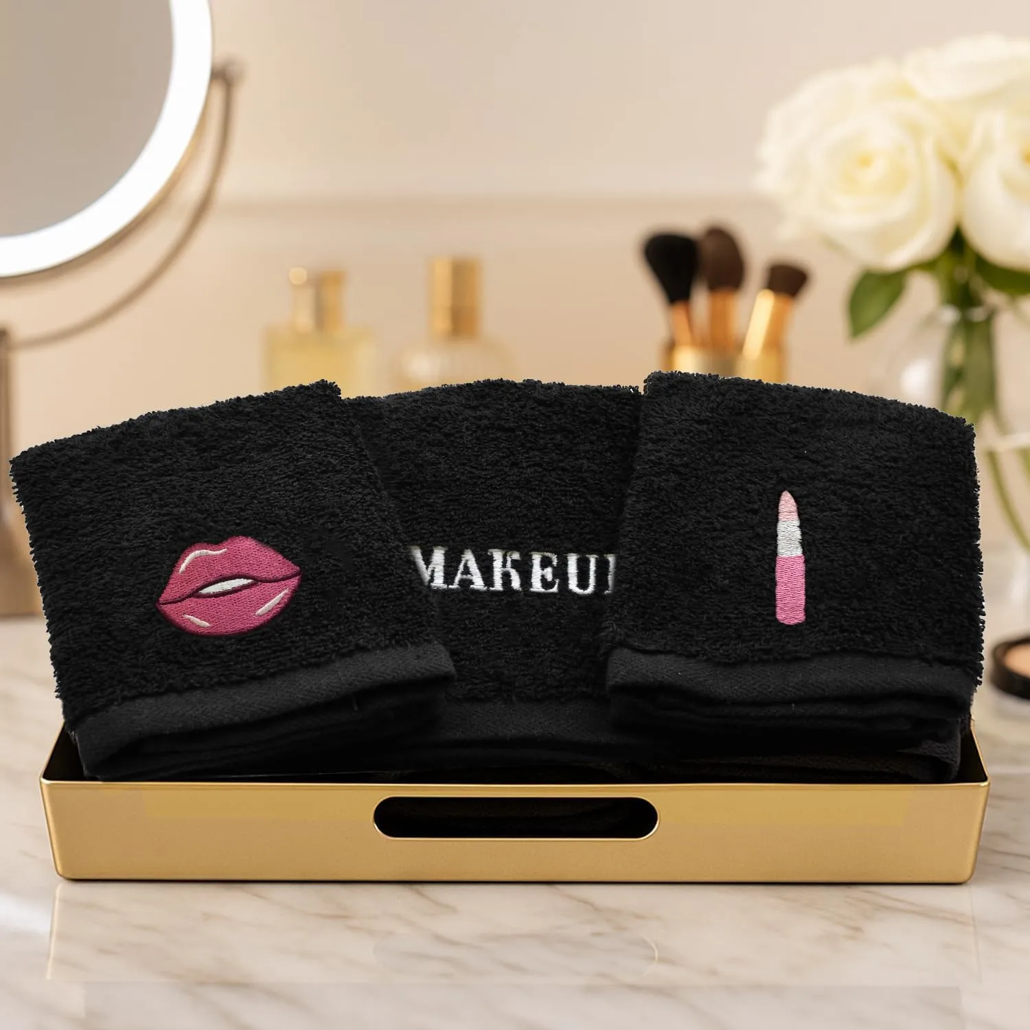 DAN River Black Makeup Towels - Pack of 6 (13x13 in) - Ultra Soft Cotton Face Towels with Embroidery - Reusable, Quick-Dry & Machine Washable Makeup Remover Cloths for Bathroom, Spa & Salon