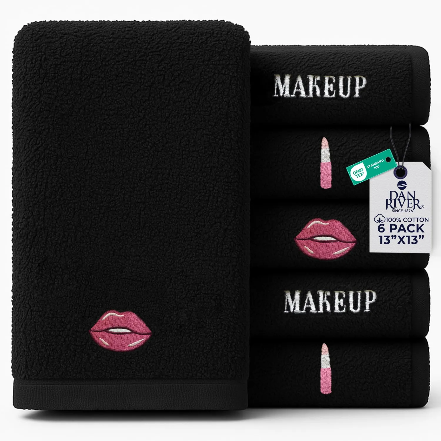 DAN River Black Makeup Towels - Pack of 6 (13x13 in) - Ultra Soft Cotton Face Towels with Embroidery - Reusable, Quick-Dry & Machine Washable Makeup Remover Cloths for Bathroom, Spa & Salon