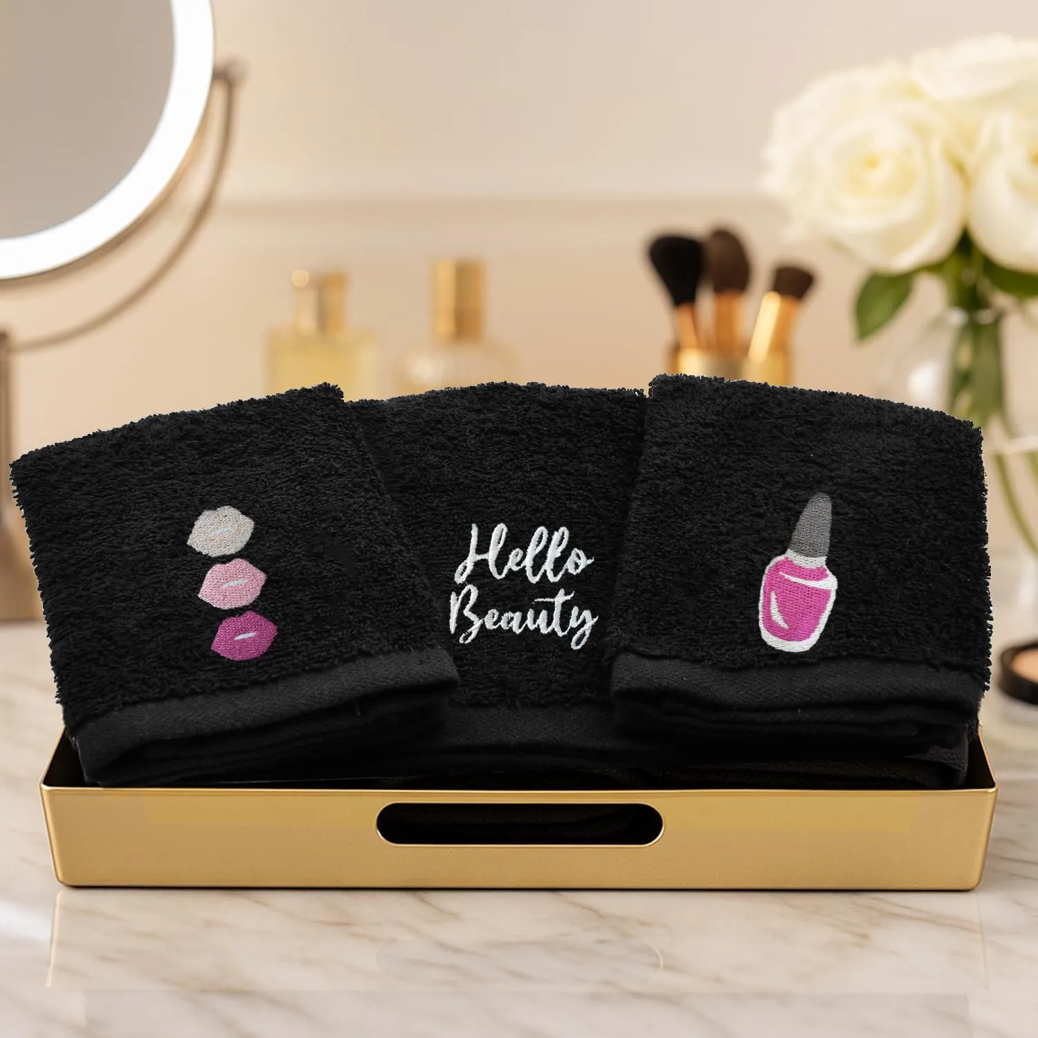 DAN River Black Makeup Towels - Pack of 6 (13x13 in) - Ultra Soft Cotton Face Towels with Embroidery - Reusable, Quick-Dry & Machine Washable Makeup Remover Cloths for Bathroom, Spa & Salon