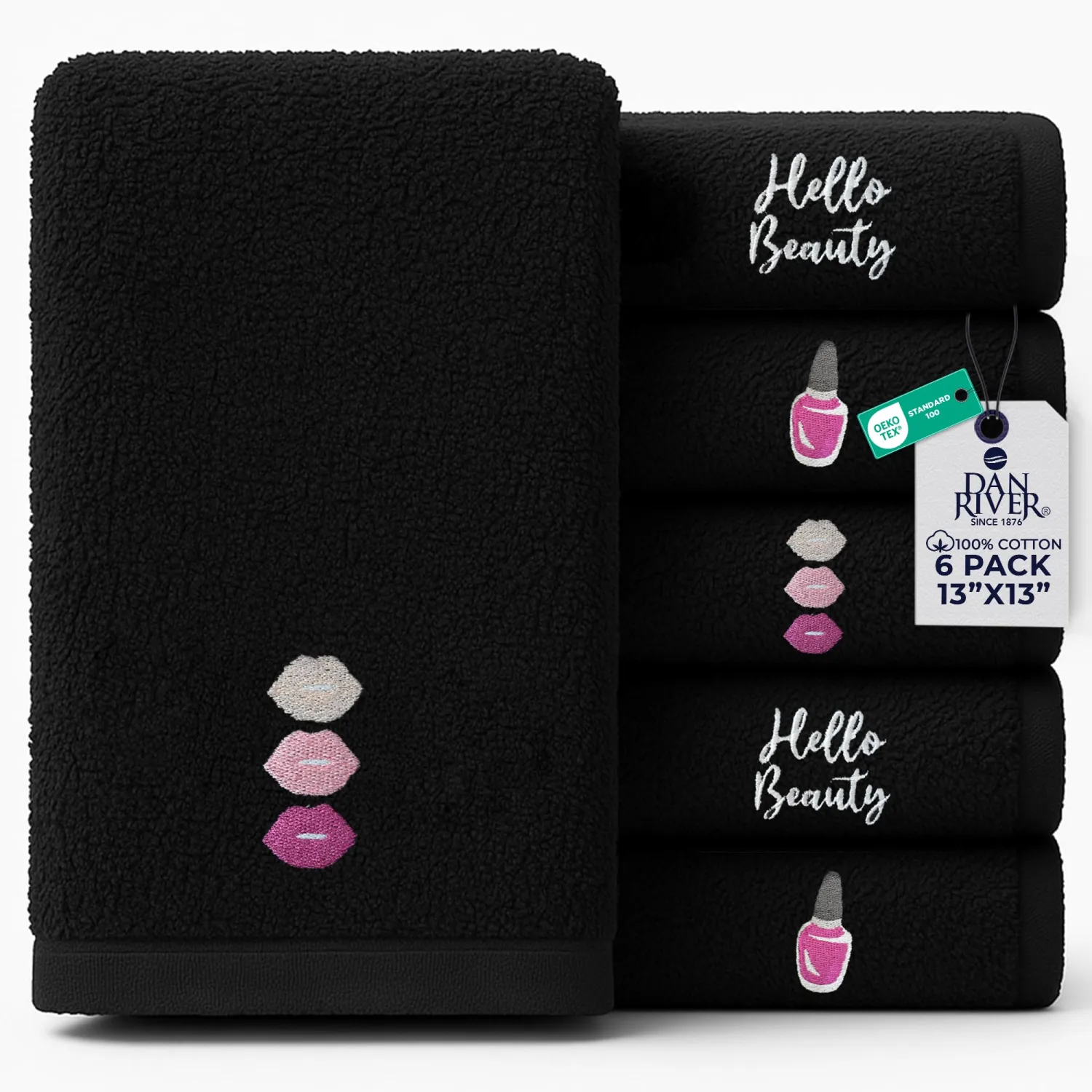 DAN River Black Makeup Towels - Pack of 6 (13x13 in) - Ultra Soft Cotton Face Towels with Embroidery - Reusable, Quick-Dry & Machine Washable Makeup Remover Cloths for Bathroom, Spa & Salon