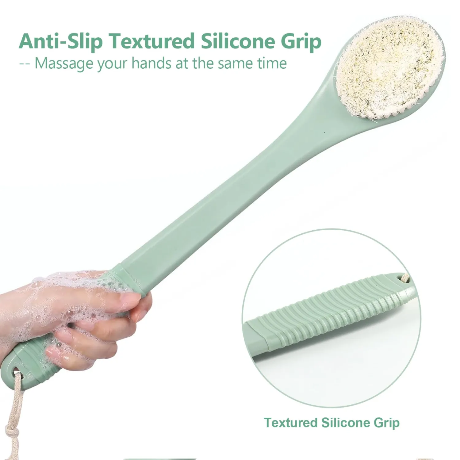 17-Inch Back Scrubber for Shower, Anti-Slip Exfoliating Body Brush for Bath, Gentle Back Brush for Shower for Men, and Women, Cleaning Skin for Smooth, Glowing Skin (Pea Green)