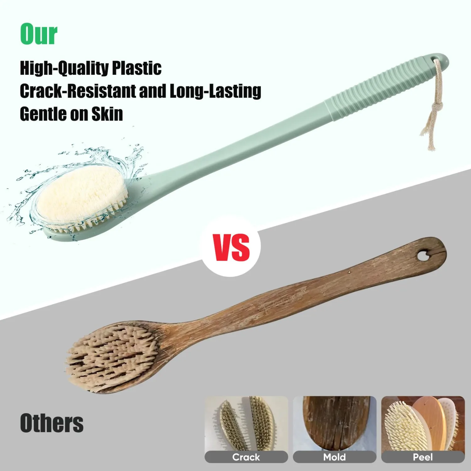 17-Inch Back Scrubber for Shower, Anti-Slip Exfoliating Body Brush for Bath, Gentle Back Brush for Shower for Men, and Women, Cleaning Skin for Smooth, Glowing Skin (Pea Green)