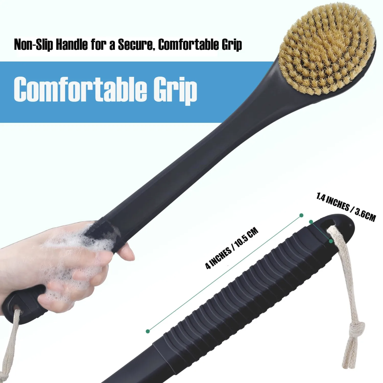 17-Inch Back Scrubber for Shower, Anti-Slip Exfoliating Body Brush for Bath, Gentle Back Brush for Shower for Men, and Women, Cleaning Skin for Smooth, Glowing Skin (Boar Bristles)