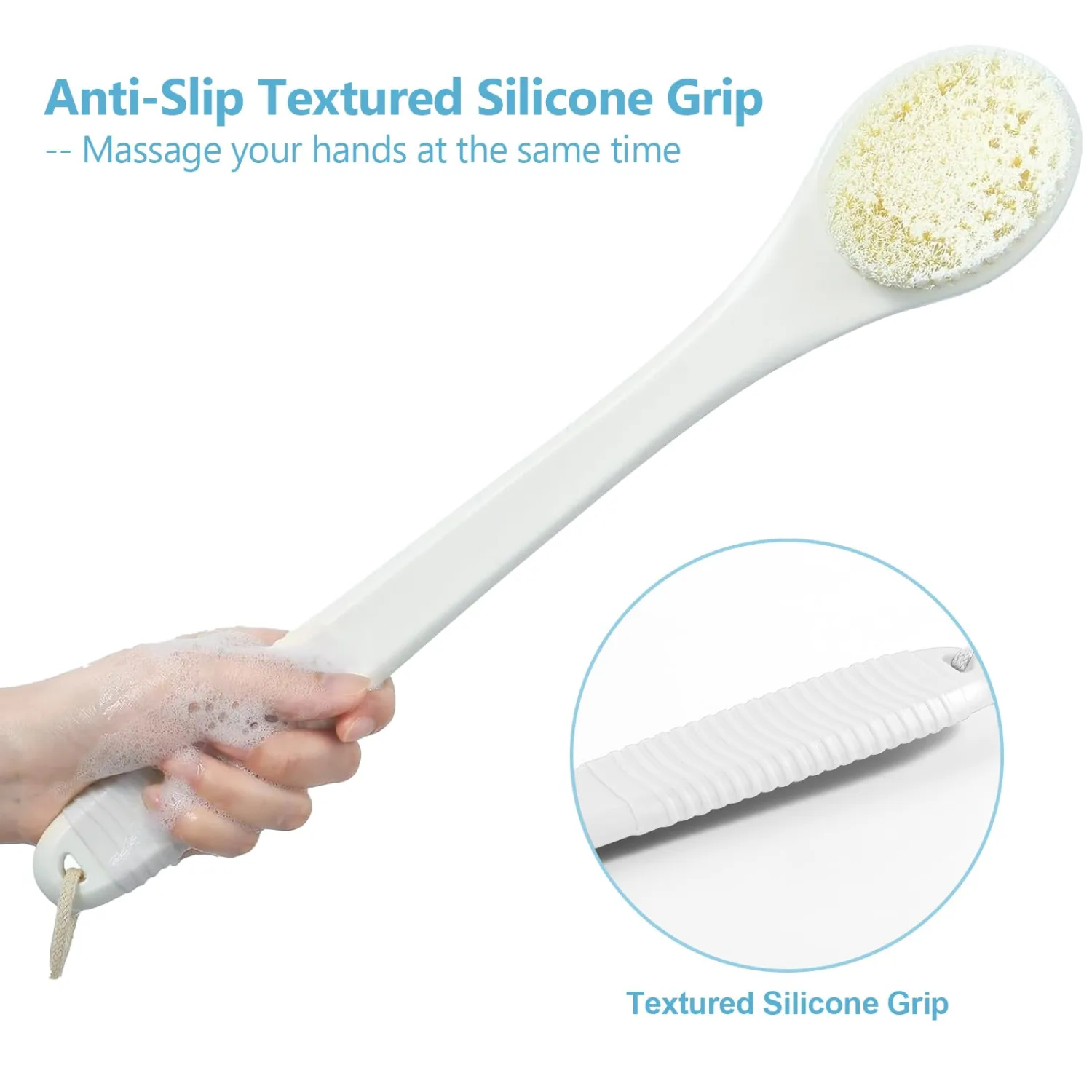 17-Inch Back Scrubber for Shower, Anti-Slip Exfoliating Body Brush for Bath, Gentle Back Brush for Shower for Men, and Women, Cleaning Skin for Smooth, Glowing Skin (White)
