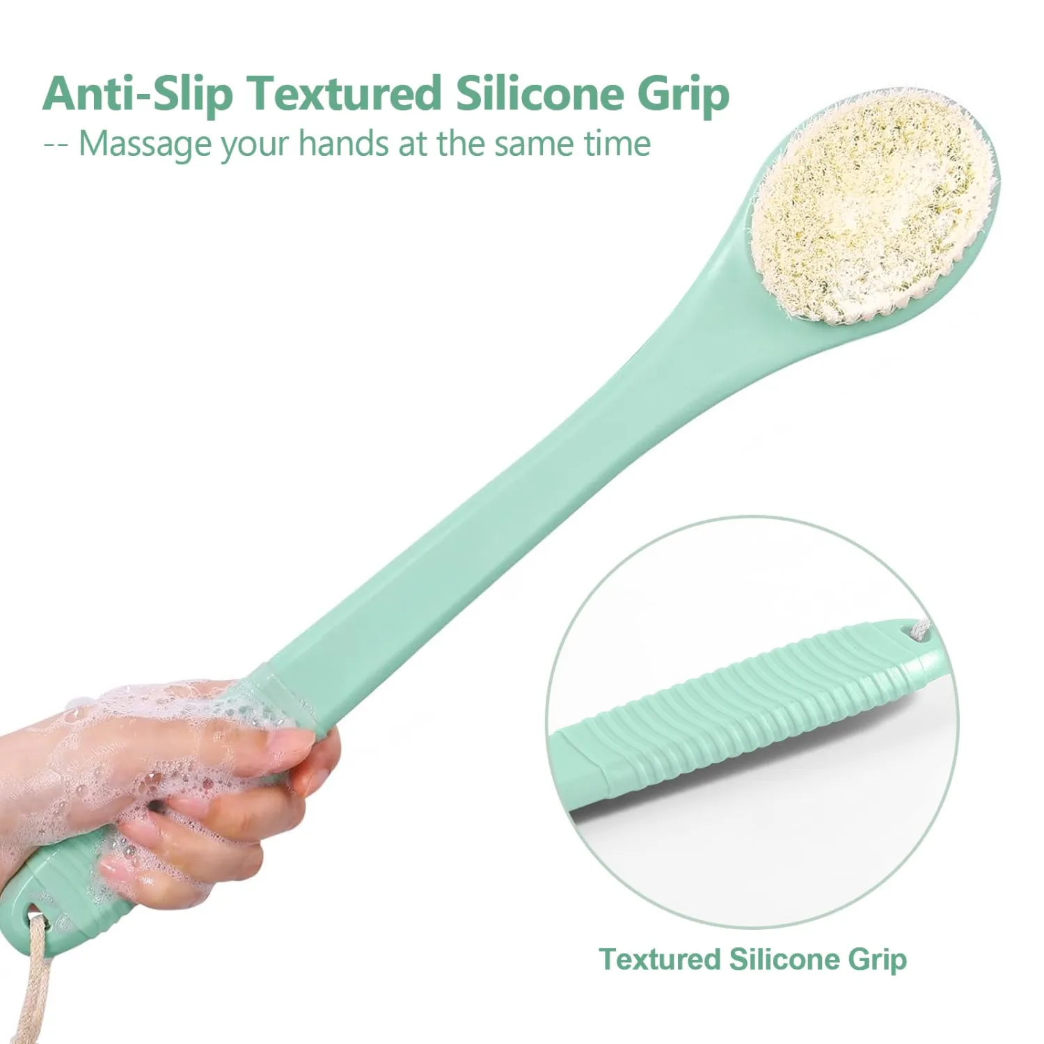 17-Inch Back Scrubber for Shower, Anti-Slip Exfoliating Body Brush for Bath, Gentle Back Brush for Shower for Men, and Women, Cleaning Skin for Smooth, Glowing Skin (Celadon Green)