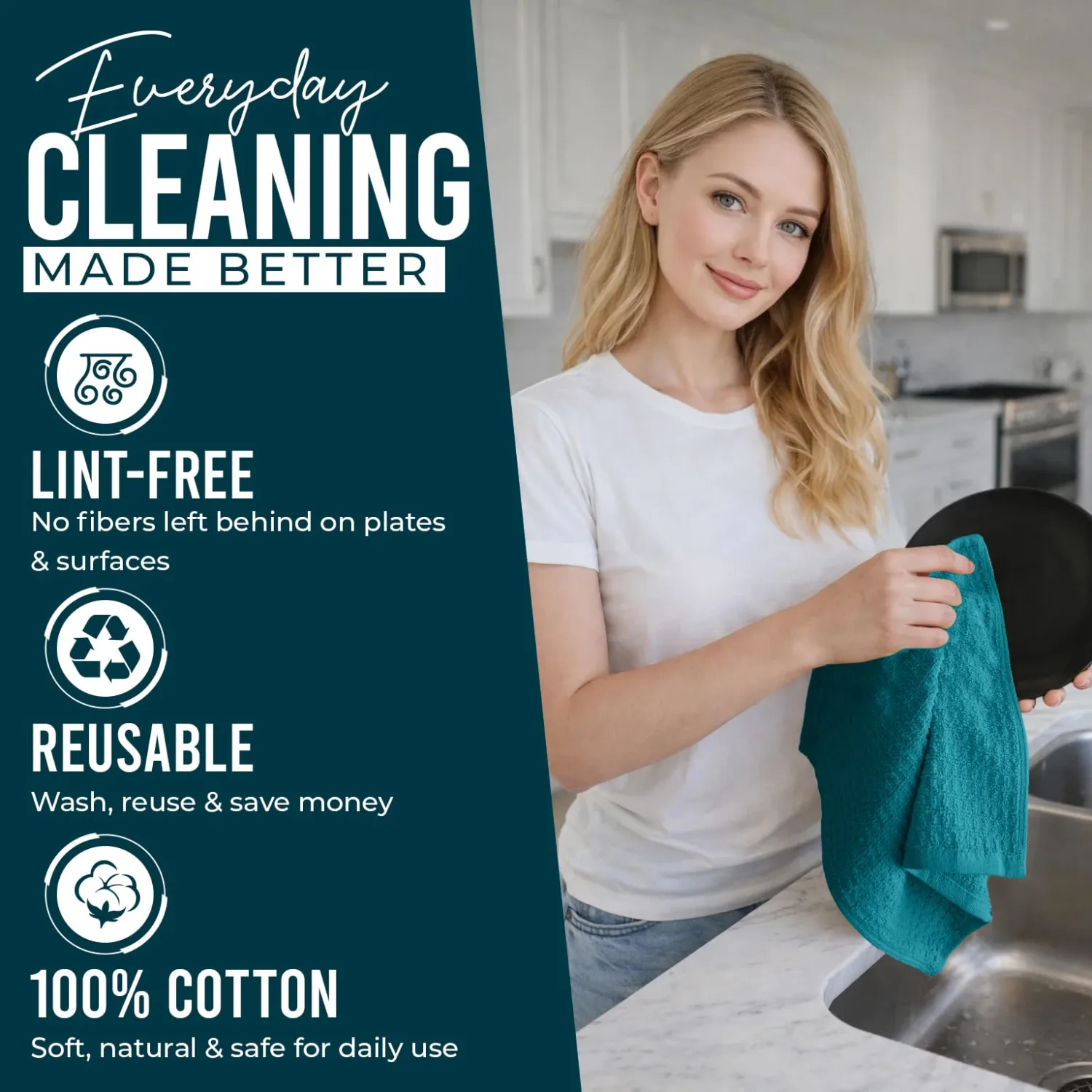 DAN RIVER Premium Dish Cloth 100% Cotton 12 X 12 Inches |Pack of 8|-Teal