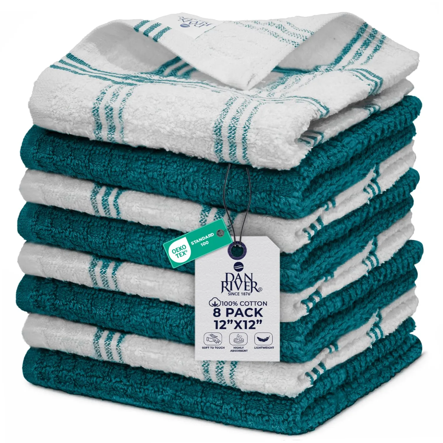 DAN RIVER Premium Dish Cloth 100% Cotton 12 X 12 Inches |Pack of 8|-Teal