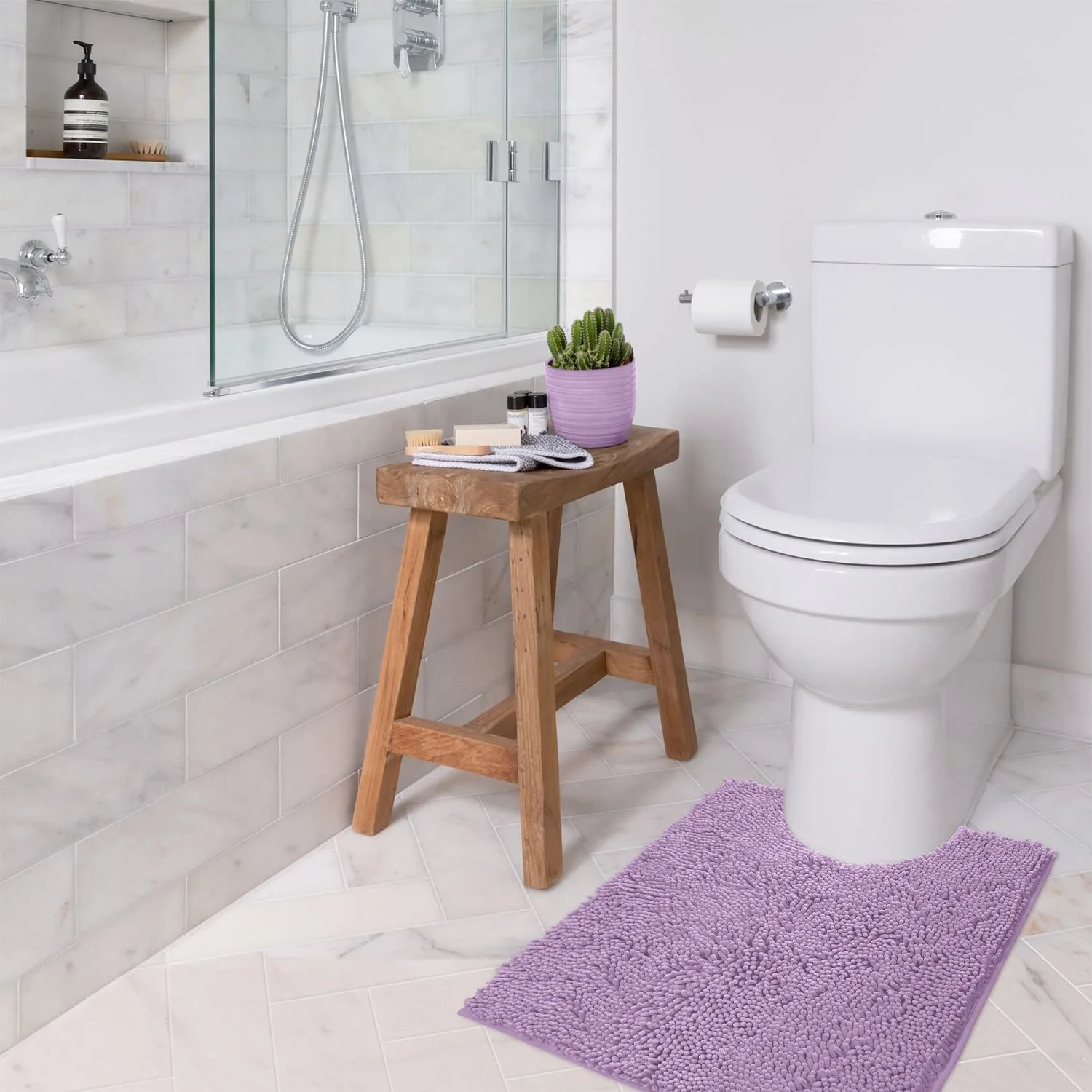 LuxUrux U-Shaped Toilet Bath Mat – Super Absorbent & Non-Slip Contoured Rug for Around Toilet, Soft Chenille, Machine Washable (20” x 23”, Lavender)