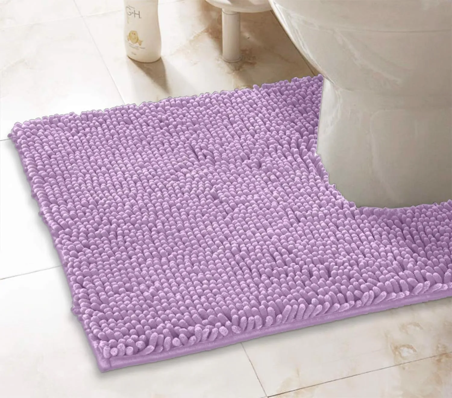 LuxUrux U-Shaped Toilet Bath Mat – Super Absorbent & Non-Slip Contoured Rug for Around Toilet, Soft Chenille, Machine Washable (20” x 23”, Lavender)