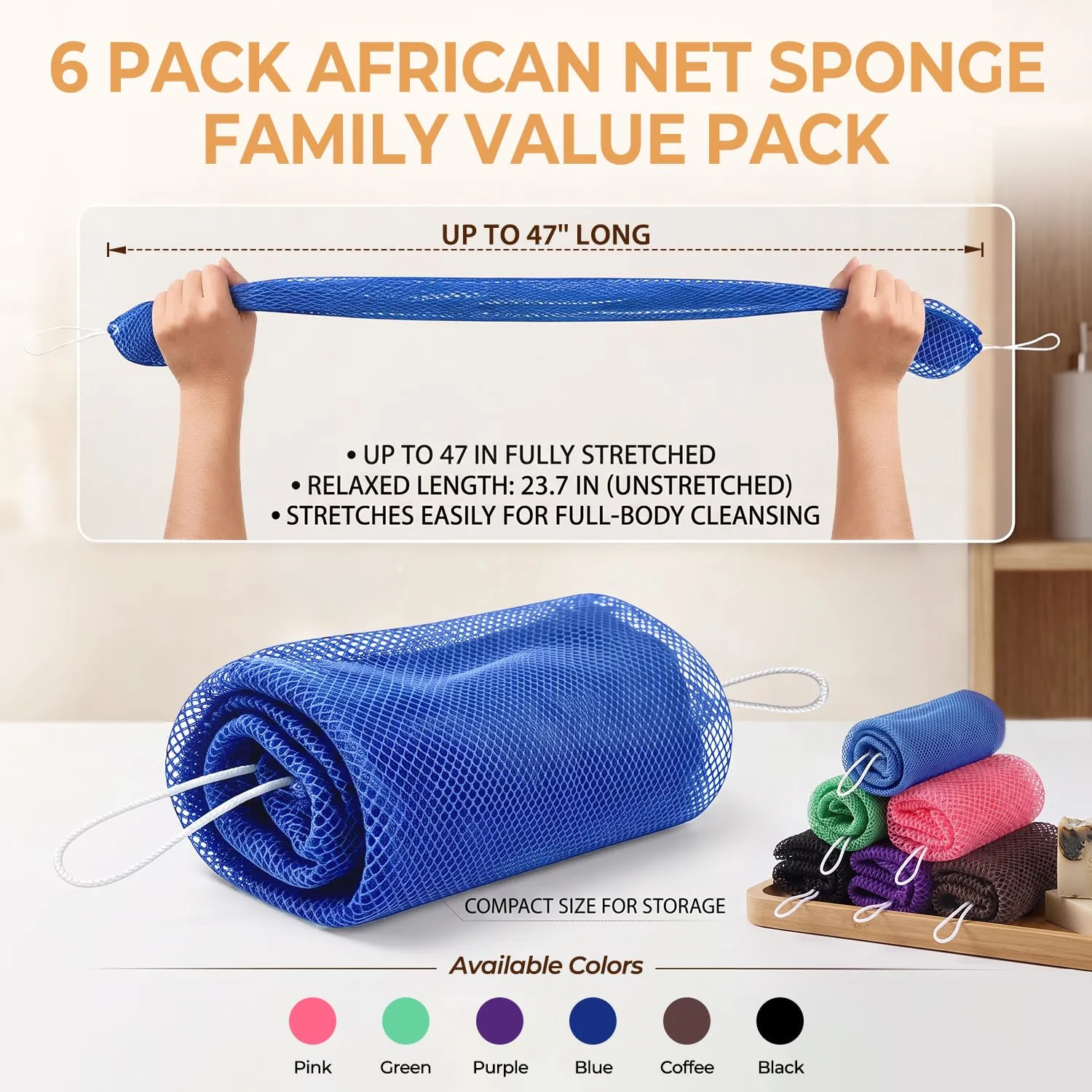 6‑Pack African Net Sponge Authentic, Exfoliating Shower Scrubber