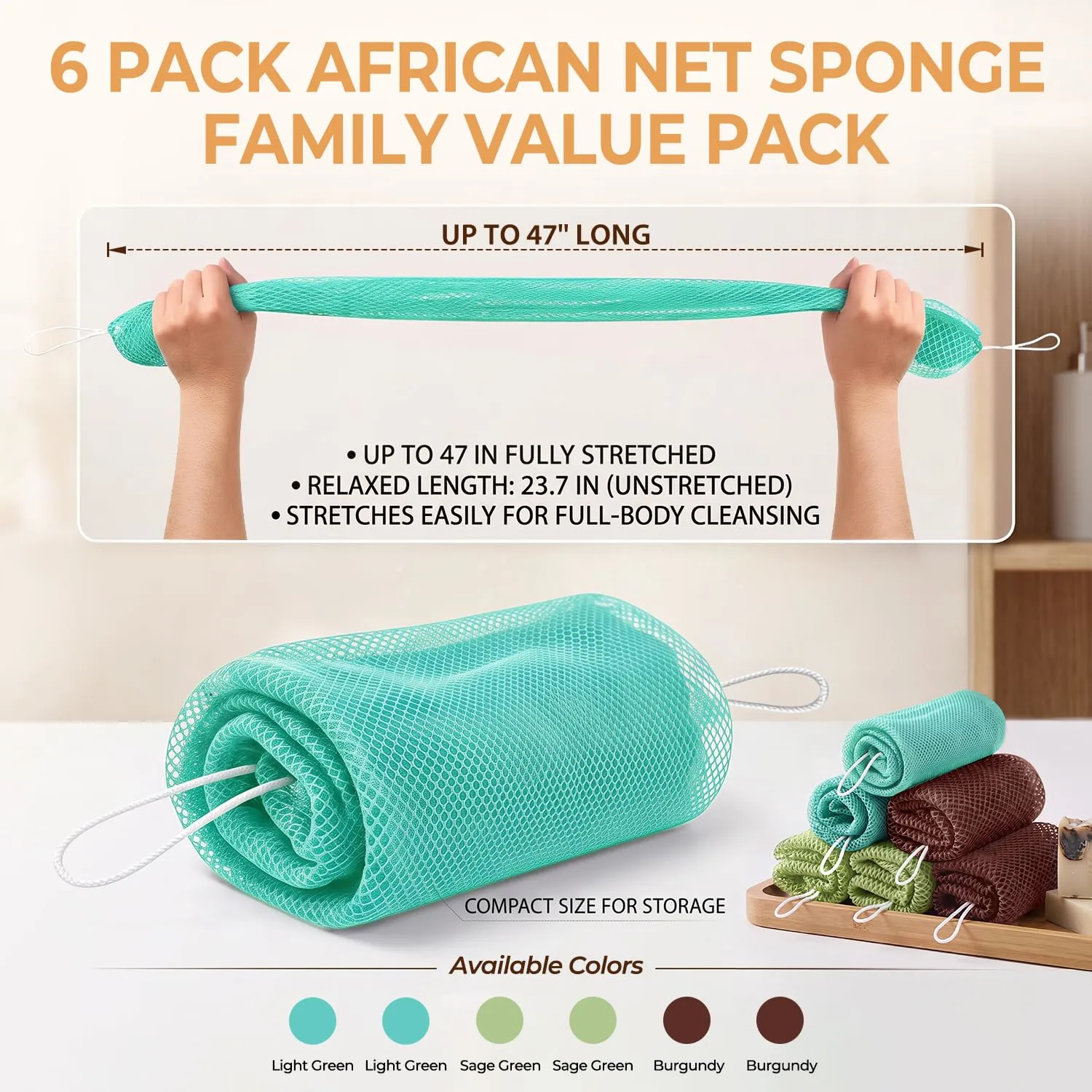 6‑Pack African Net Sponge Authentic,Multi Color Body Scrubber
