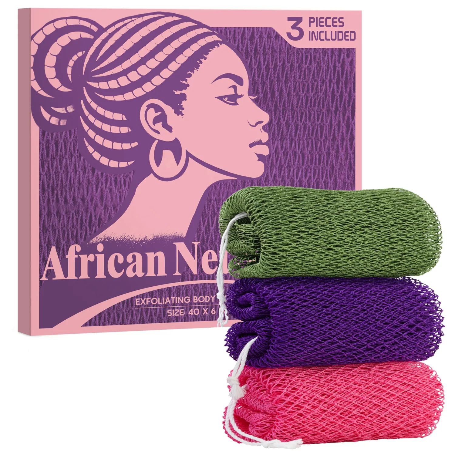 African Net Sponge Authentic - African Exfoliating Net Sponge 3 Pieces - Body Scrubber Exfoliator Wash Cloth - Back Scrubber for Shower - Bath Sponges Shower Loofah Essentials for Women
