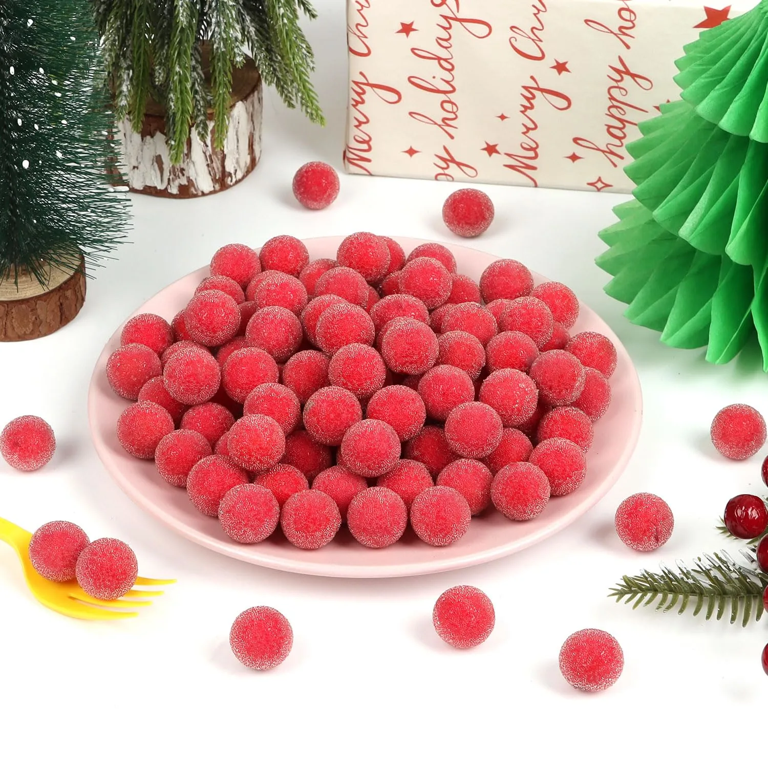 CCINEE 100Pcs Artificial Red Holly Berries Fruit for Vase Fillers, 20MM Fake Christmas Frosted Cranberry for Bowl Vase Filler Holiday Home Decor