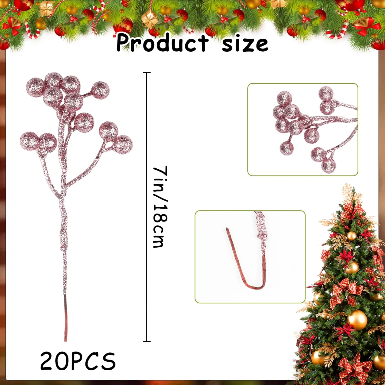 Fangoo 20 Pack 7 Inch Artificial Pink Berry Stems for Christmas Tree