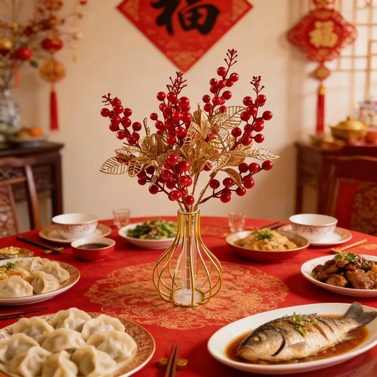 KYMY Chinese & Vietnamese Lunar New Year Artificial Berry Branch – 2026 Red Holly Berries Stems with Gold Leaves, 15.7 Inch Spring Festival Floral Picks for Vase Table Home Decor