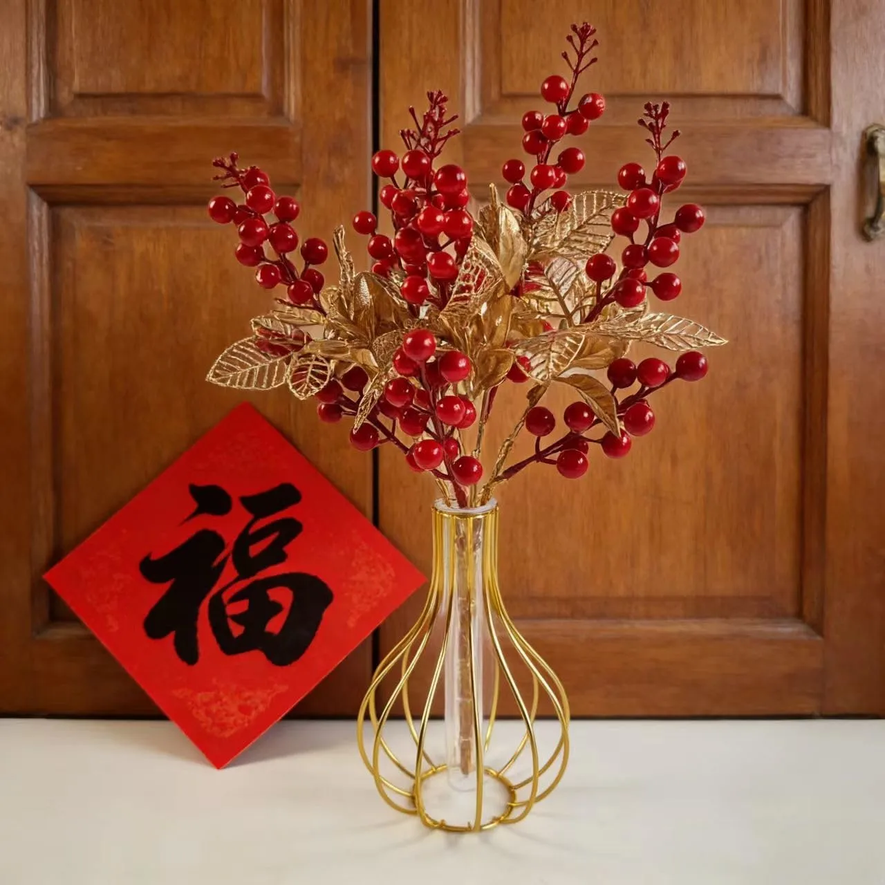 KYMY Chinese & Vietnamese Lunar New Year Artificial Berry Branch – 2026 Red Holly Berries Stems with Gold Leaves, 15.7 Inch Spring Festival Floral Picks for Vase Table Home Decor