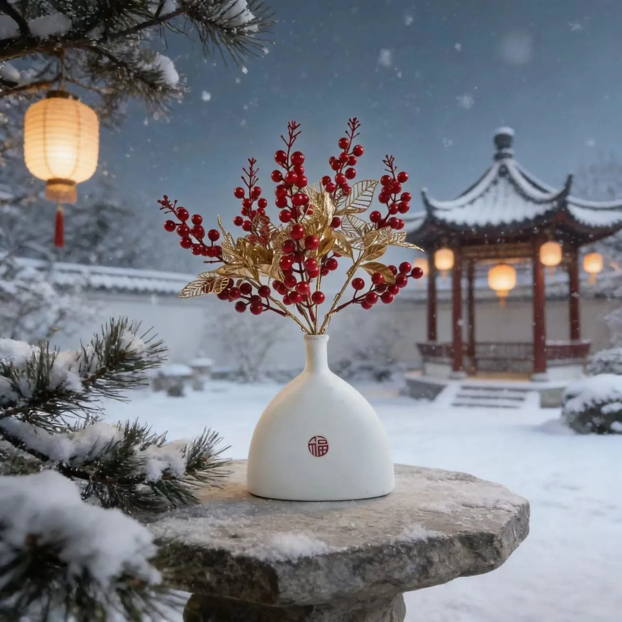 KYMY Chinese & Vietnamese Lunar New Year Artificial Berry Branch – 2026 Red Holly Berries Stems with Gold Leaves, 15.7 Inch Spring Festival Floral Picks for Vase Table Home Decor
