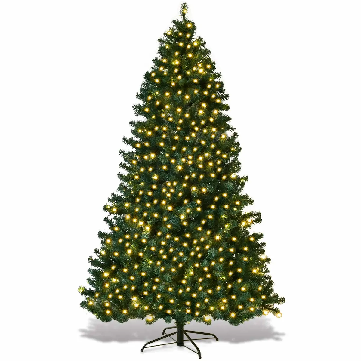 HAPPYGRILL 7FT Pre-lit Christmas Tree Artificial Hinged Xmas Tree for Home Holiday Décor Metal Stand PVC Material 300 LED Lights 1096 Branches Easy Setup & Storage