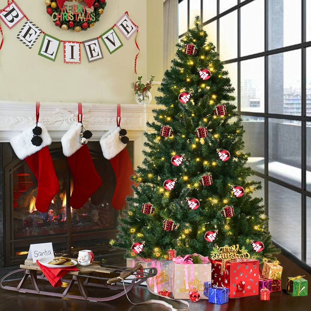 HAPPYGRILL 7FT Pre-lit Christmas Tree Artificial Hinged Xmas Tree for Home Holiday Décor Metal Stand PVC Material 300 LED Lights 1096 Branches Easy Setup & Storage