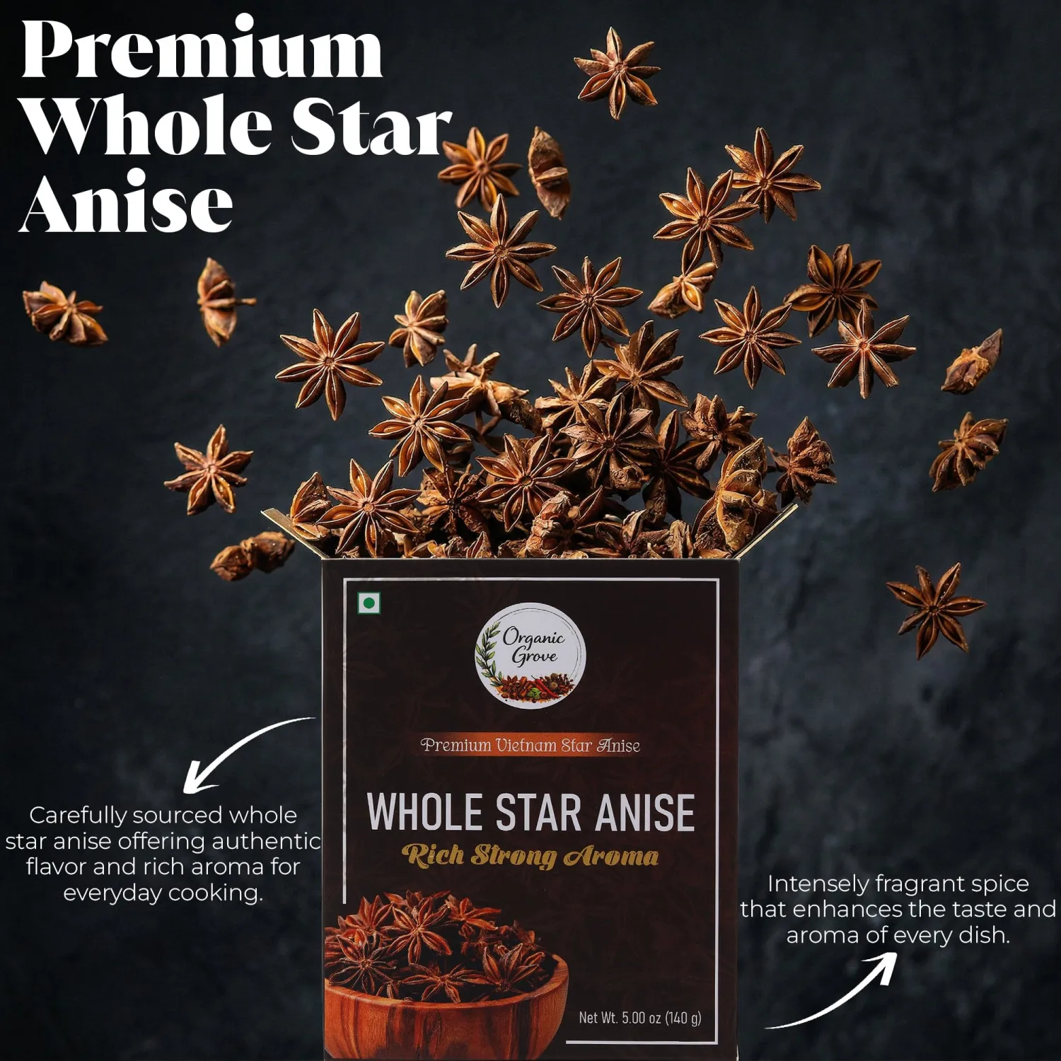 Organic Grove Premium Vietnam Star Anise Whole 5 oz (140 g) Organic Spice