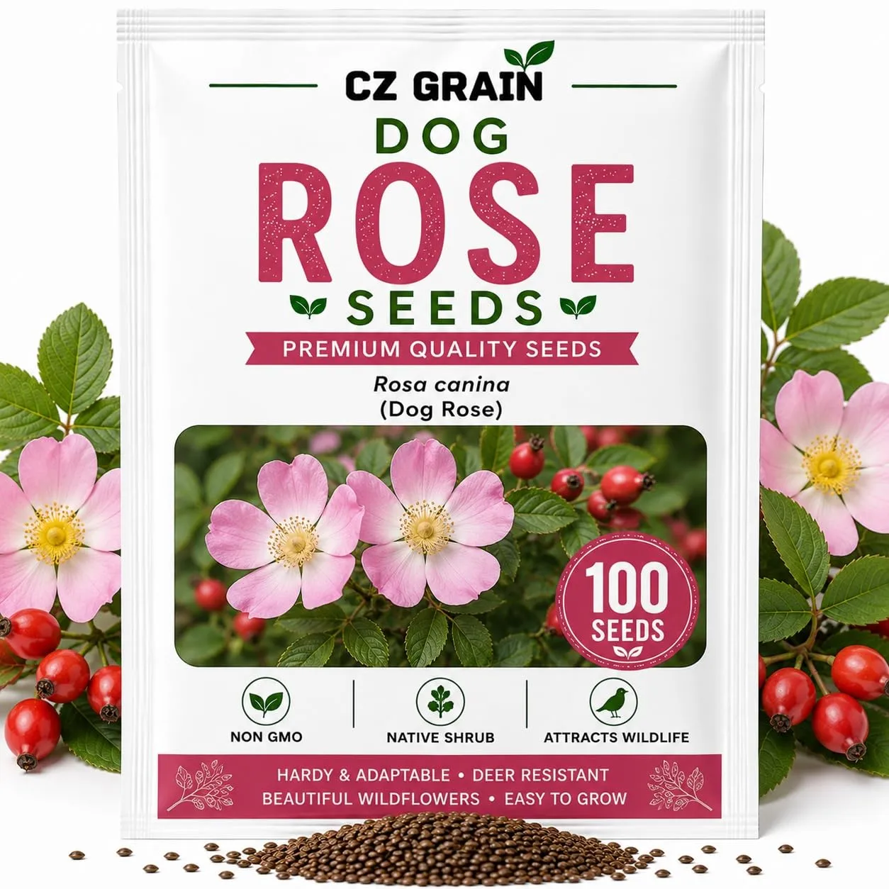 Dog Rose Bush Seeds for Planting | 100 Seeds | Pink Wild Rose Rosa Canina