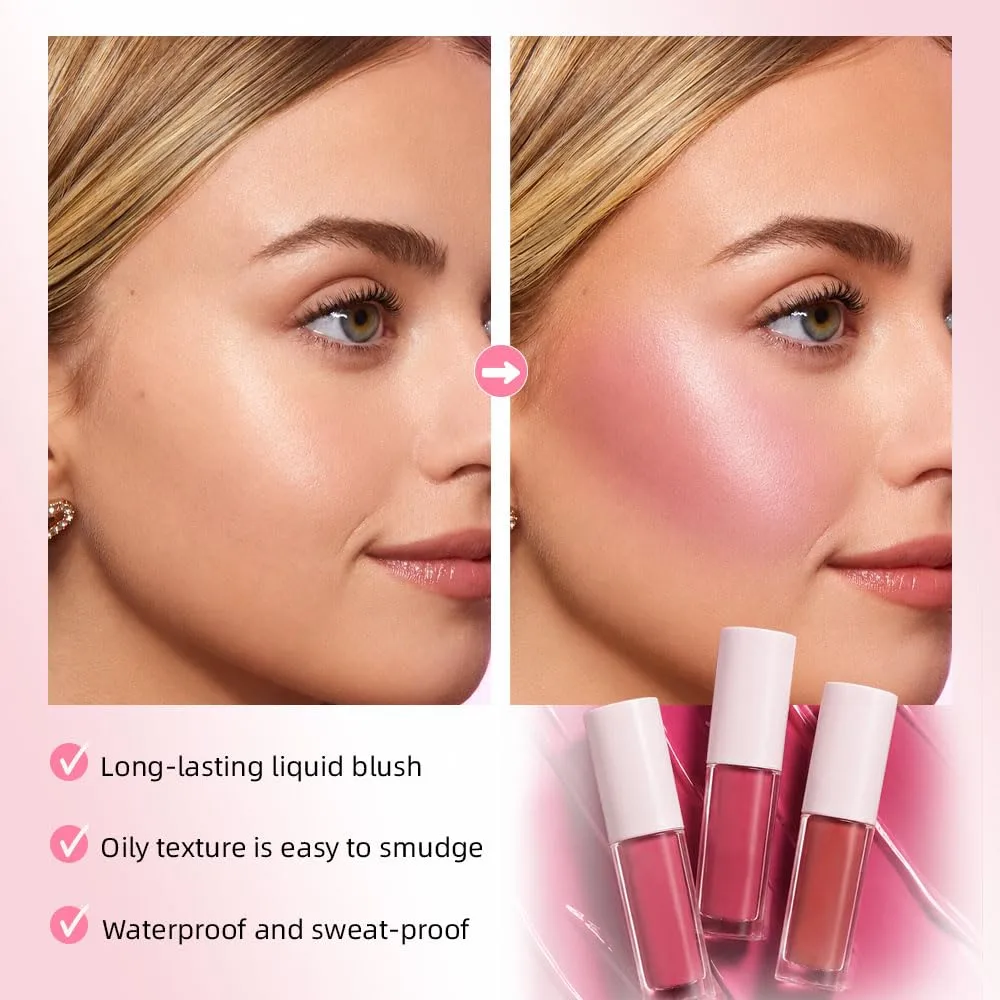 3Pcs Pocket Cream Liquid Blush Set, Coral & Rosy Pink & Peach Nude, Natural Glow Cheek Tint, Long Lasting Hydrating Lightweight Formula, Blendable Buildable Makeup for Fresh Dewy Finish All Skin Types