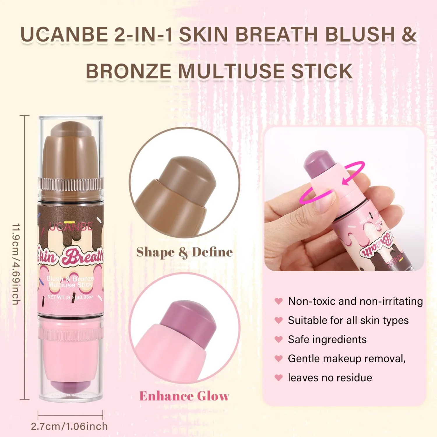 UCANBE 2-in-1 Blush & Bronzer Stick, Cream Face Makeup (01 Lavender)