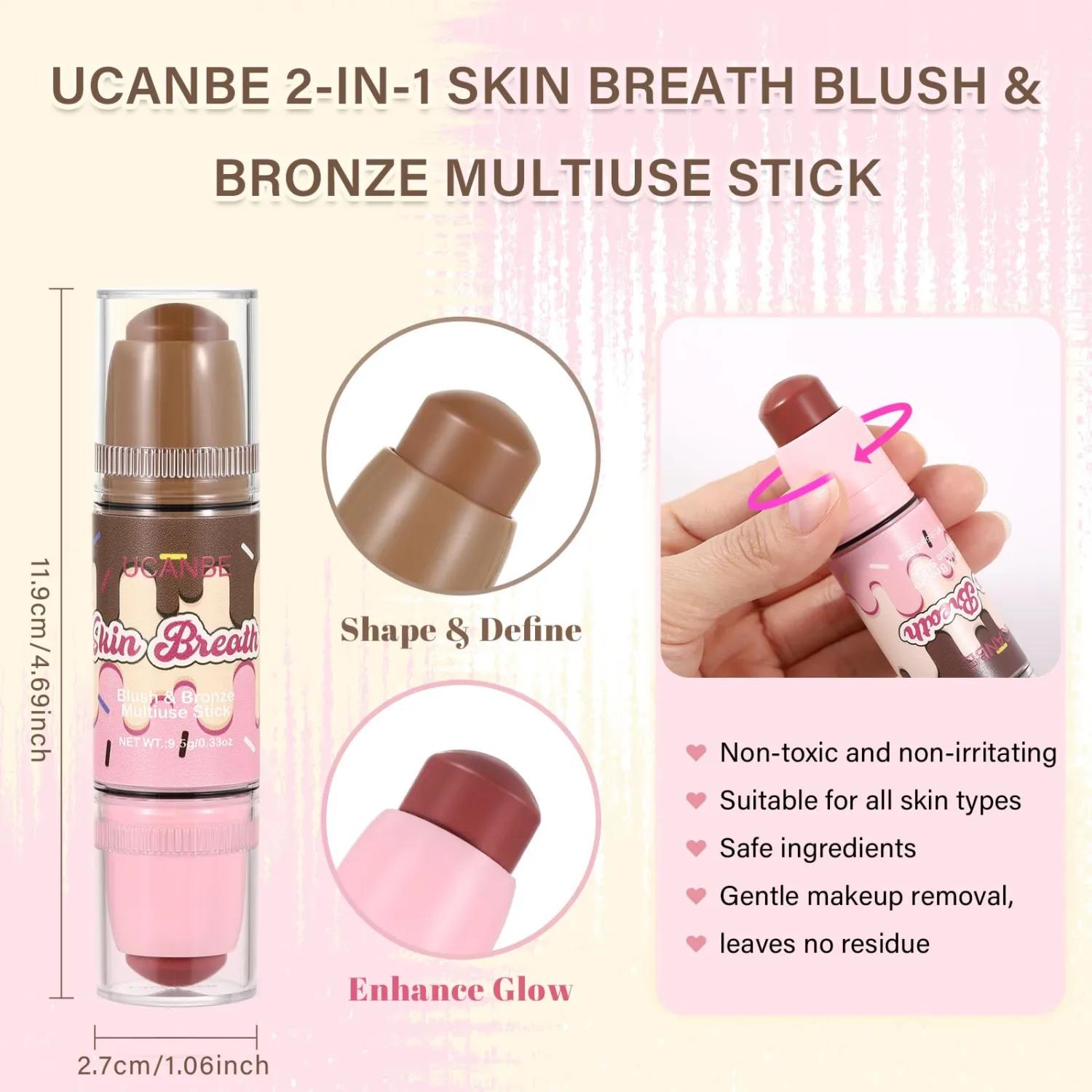 UCANBE 2-in-1 Blush & Bronzer Stick, Cream Face Makeup (05 Charming Berry)