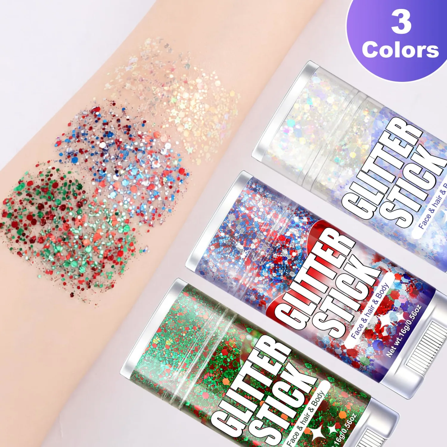 3 Pcs Body Glitter Stick Set, Shimmer Star Face Glitter Makeup for Women