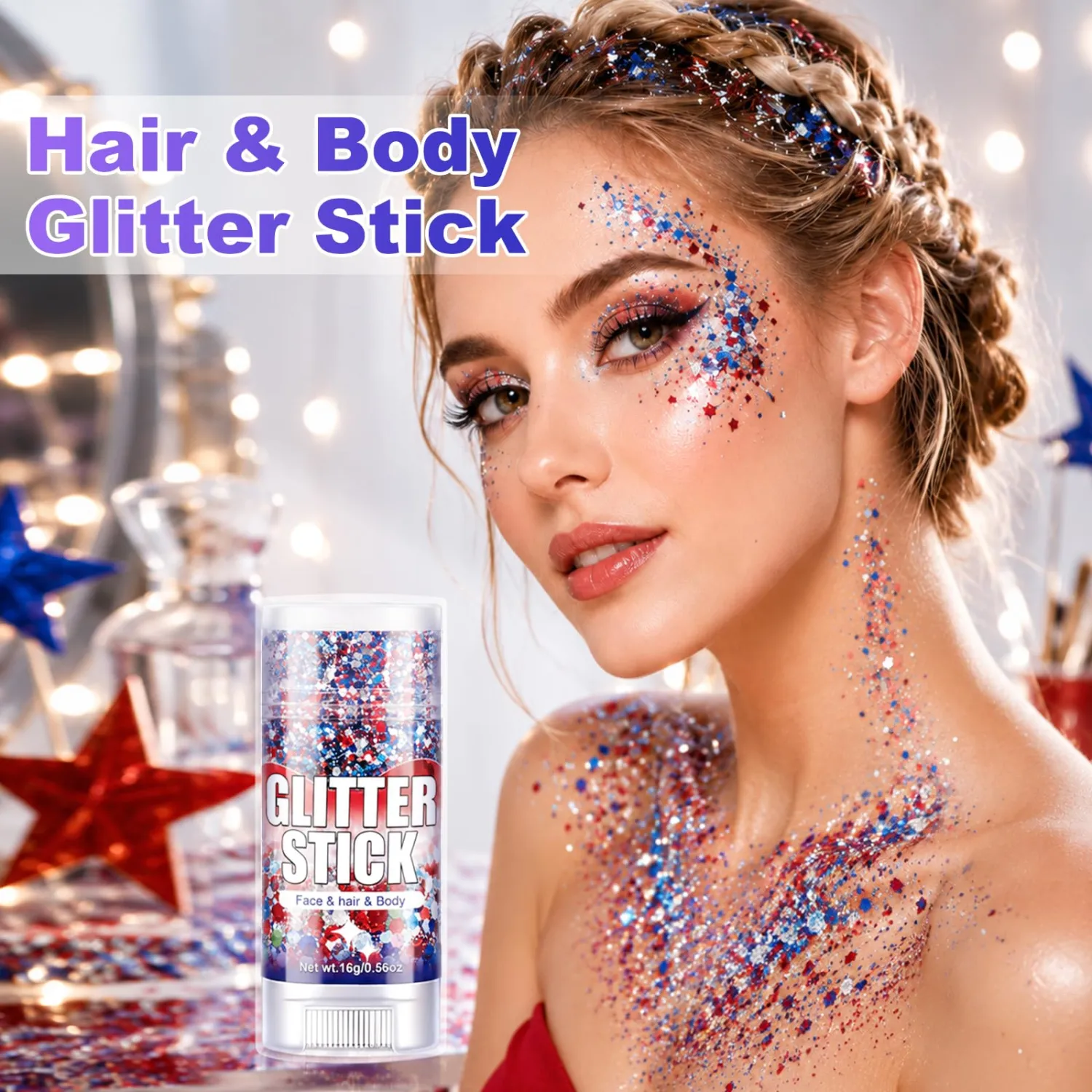 3 Pcs Body Glitter Stick Set, Shimmer Star Face Glitter Makeup for Women