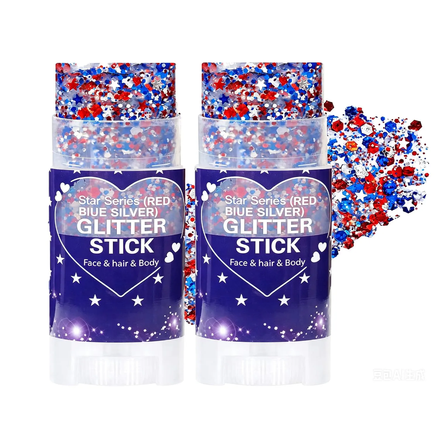 Baorder 2PCS Patriotic Sparkling Body Glitter Stick for Women Girls and Men