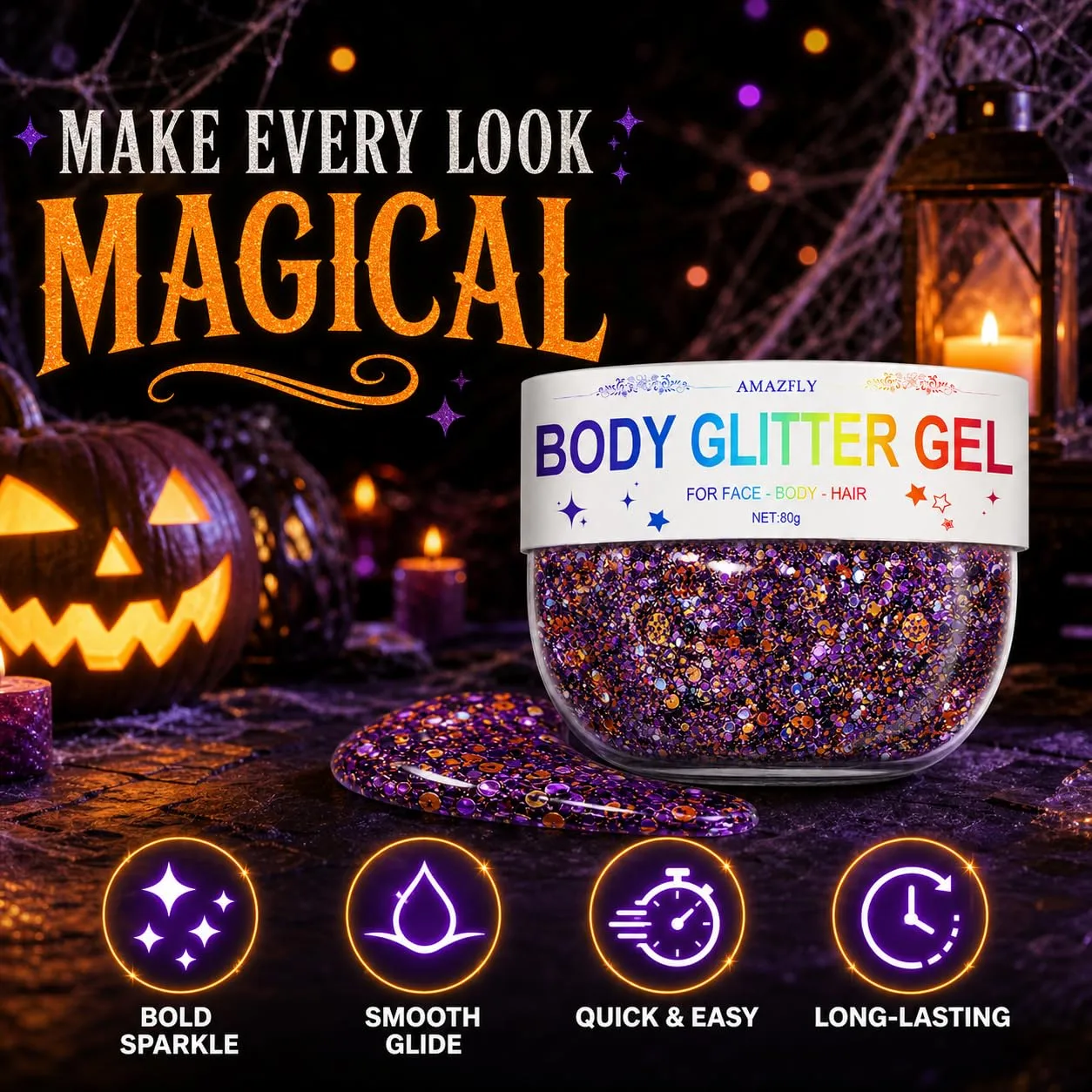 80g Halloween Face Glitter Gel, Black Orange Purple Body Glitter Face Paint