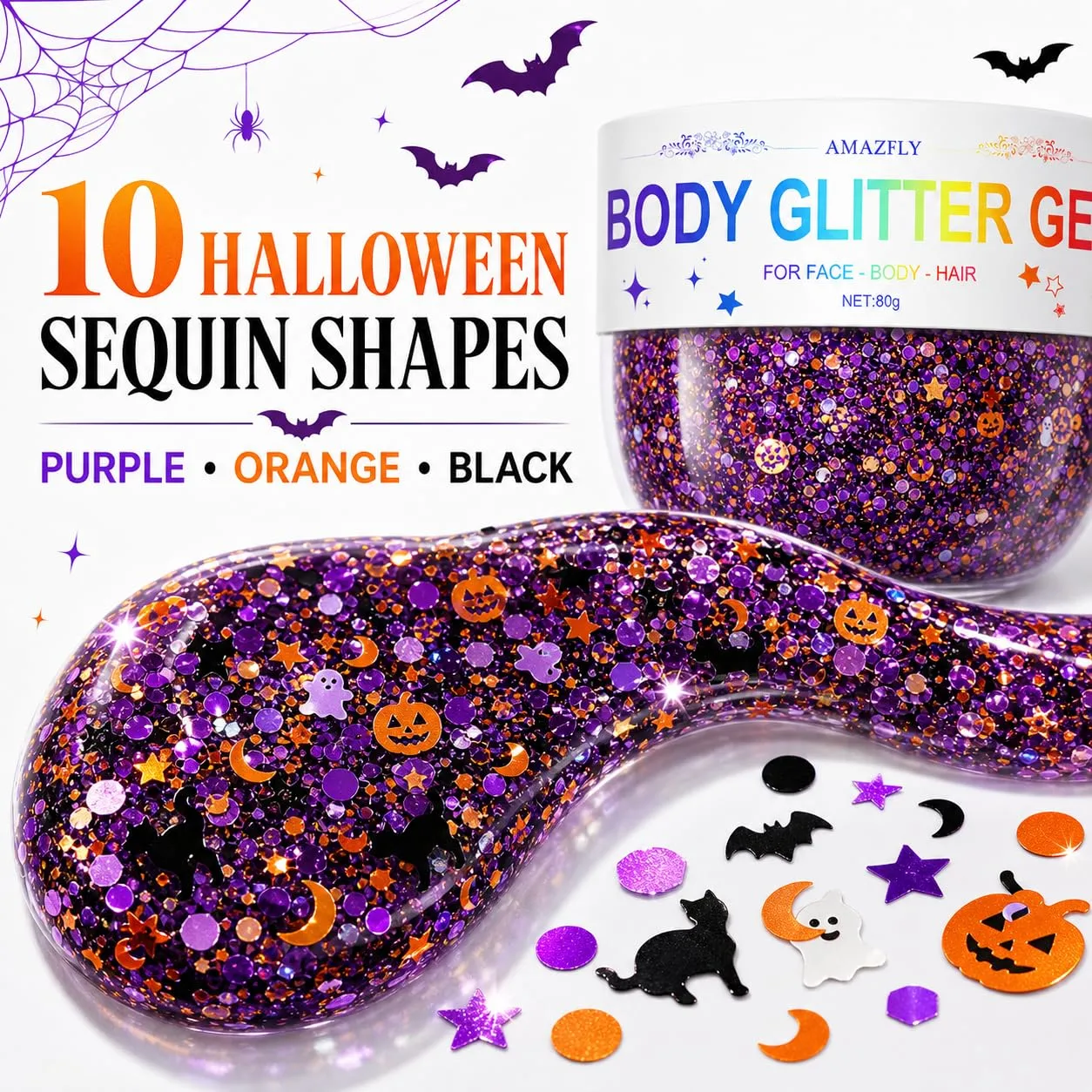 80g Halloween Face Glitter Gel, Black Orange Purple Body Glitter Face Paint
